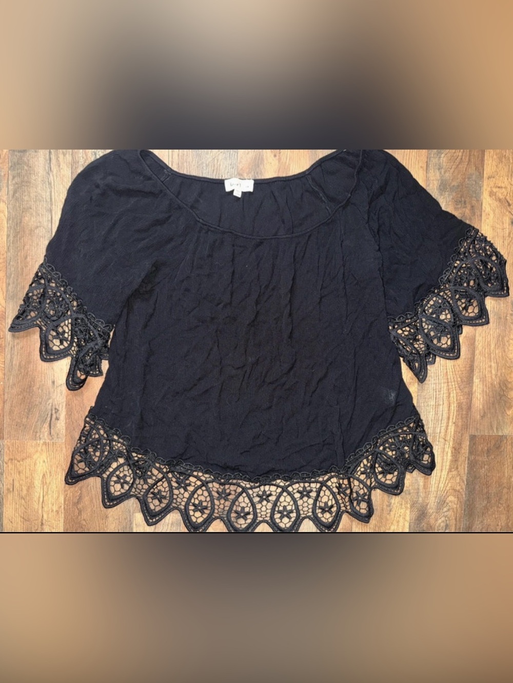 Black Crochet Hem Scoop Neck Top